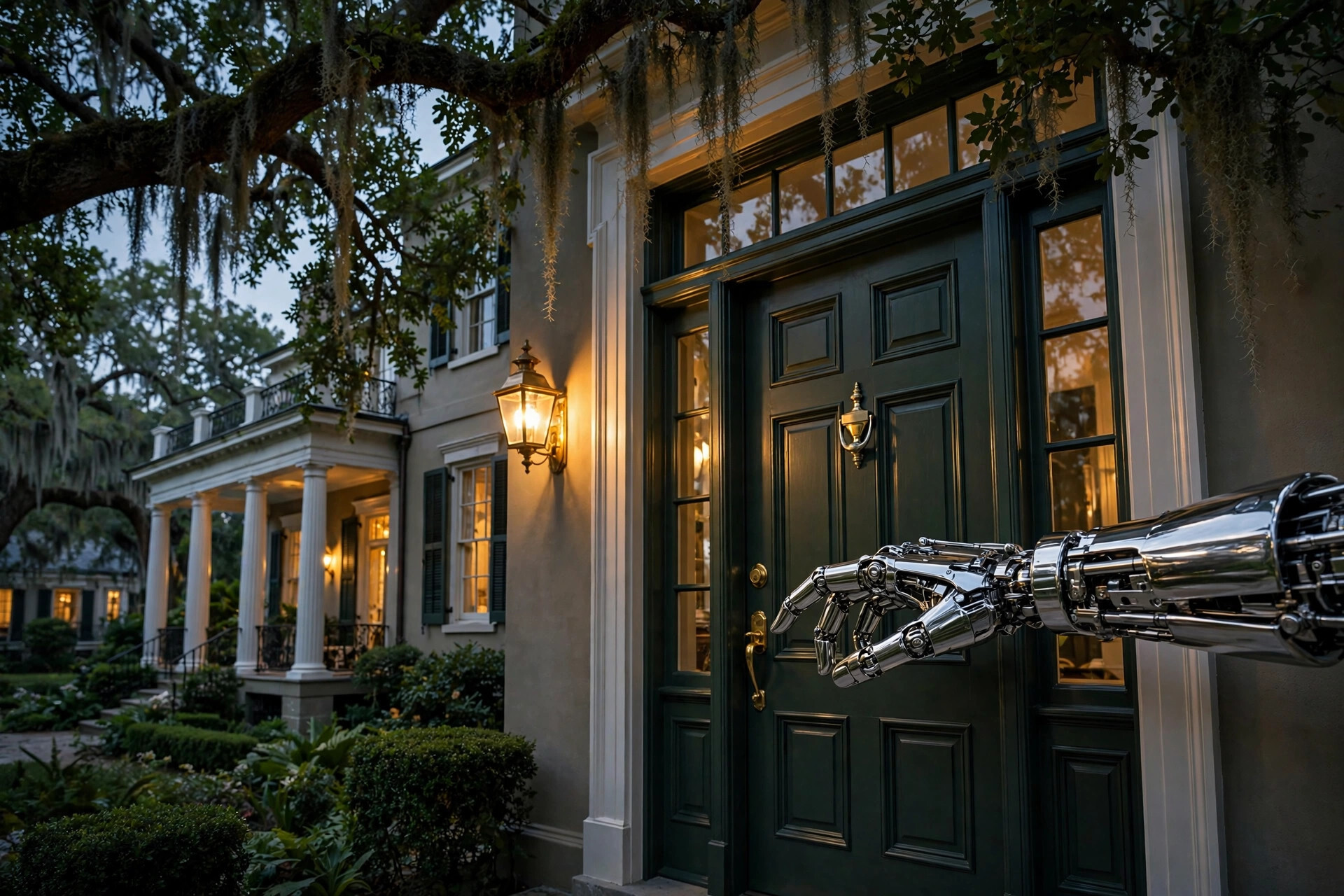 Robot hand reaching toward a dark green door