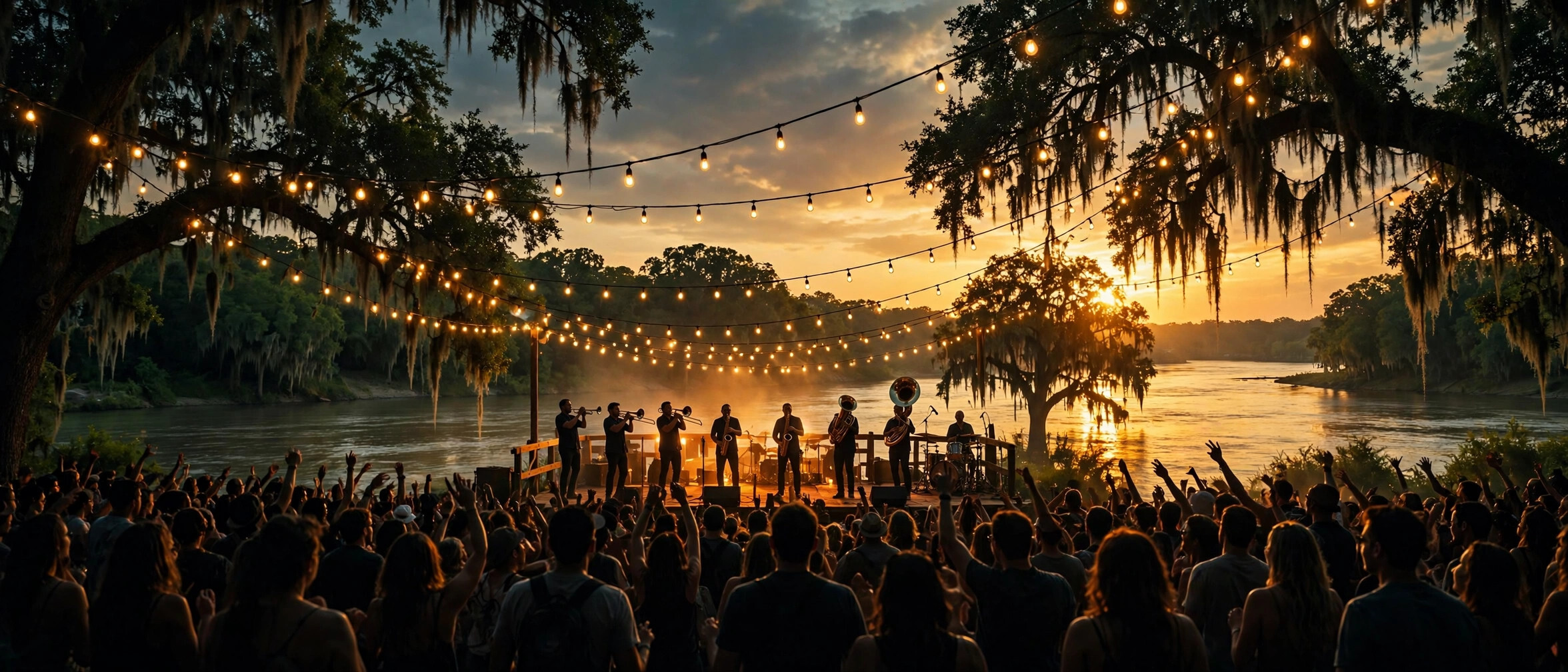 Riverfront festival at golden hour